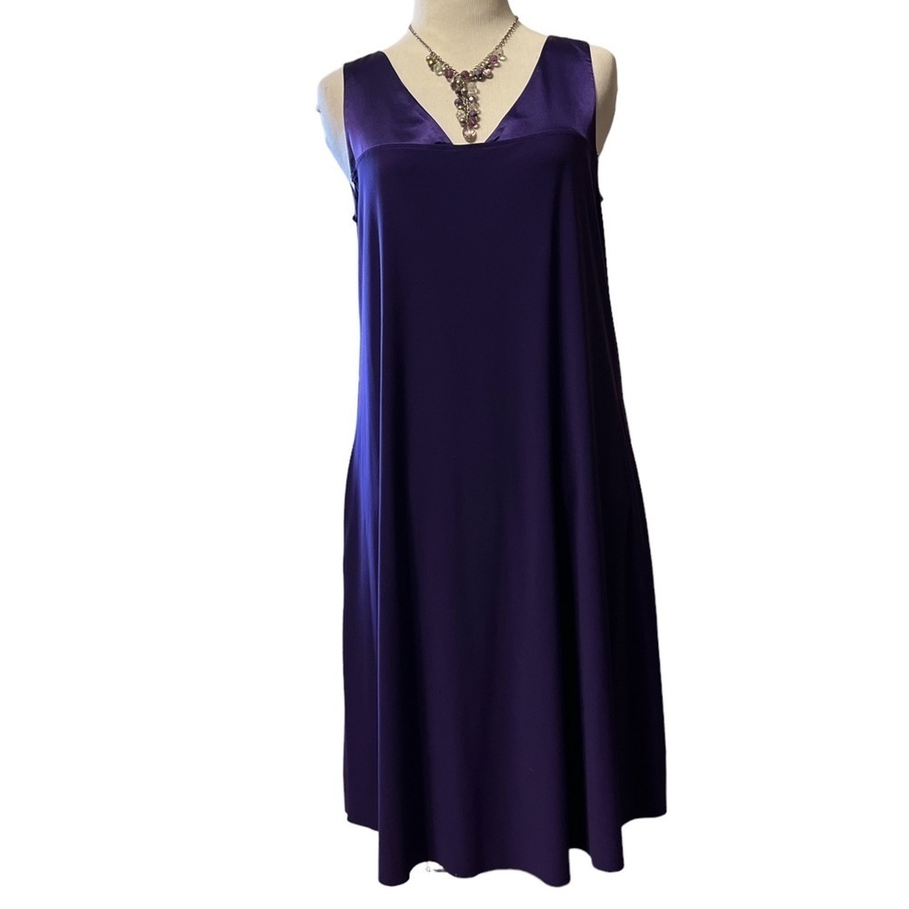 daisy Fuentes, deep purple sleeveless dress with satin bodice and pockets